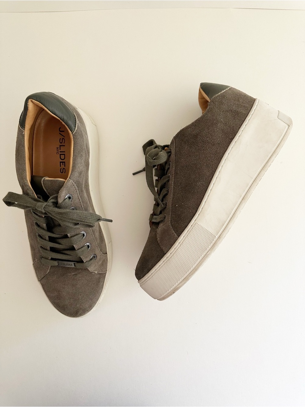 J/Slides olive green suede leather chunky platform sneakers